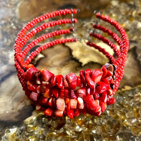 Red Shells Beaded Wire Wrapped Wide Band Handmade Cuff - Picture 1 of 2